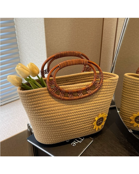 Flower Patchwork Woven Pattern Handheld Basket Bag