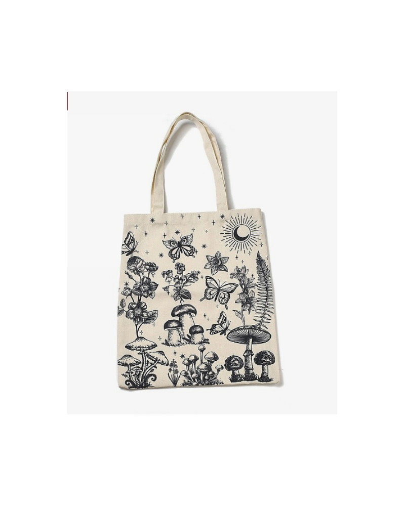 Printed Canvas Women's Tote Bags, with Handle, Shoulder Bags for Shopping, Rectangle with Mushroom Pattern