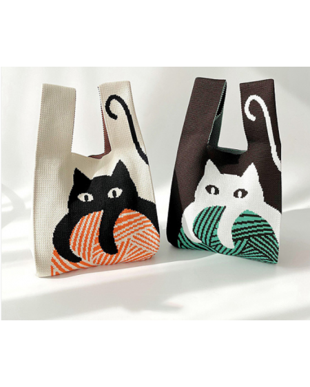 Polyester Cat Print Knitted Tote Bags, Cartoon Crochet Handbags for Women