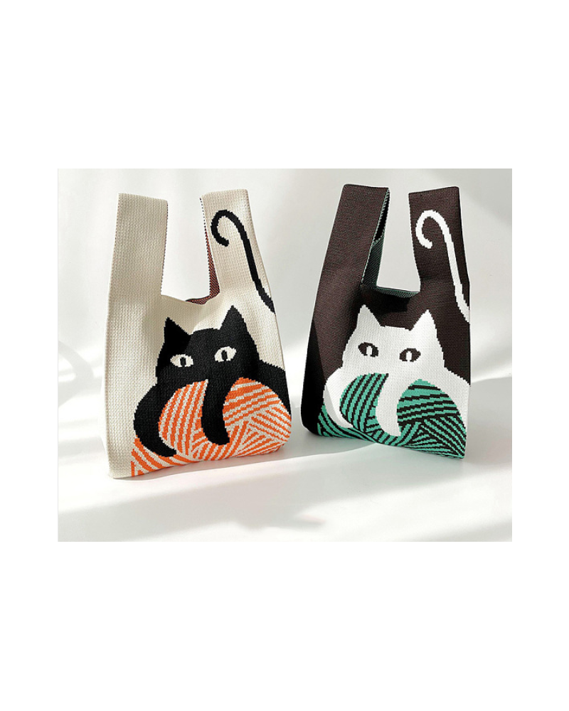 Polyester Cat Print Knitted Tote Bags, Cartoon Crochet Handbags for Women