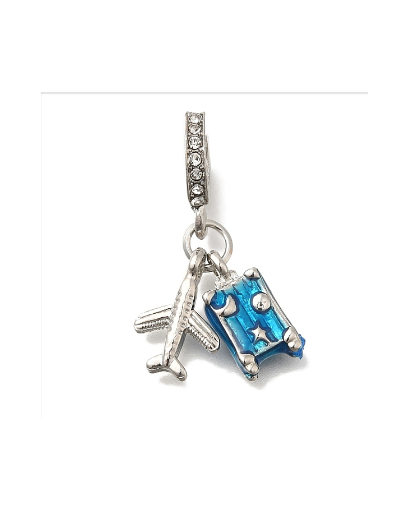 Rack Plating Alloy Enamel European Dangle Charms, Suitcase & Airplane Large Hole Pendants with Crystal Rhinestone