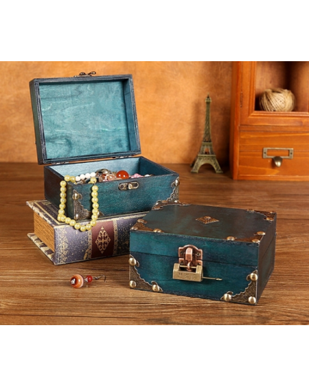 Retro Wood Jewelry Storage Box with Lock, Plywood Jewelry Necklace Bracelet Earring Box, Rectangle