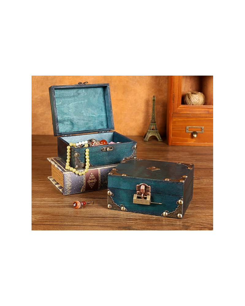 Retro Wood Jewelry Storage Box with Lock, Plywood Jewelry Necklace Bracelet Earring Box, Rectangle