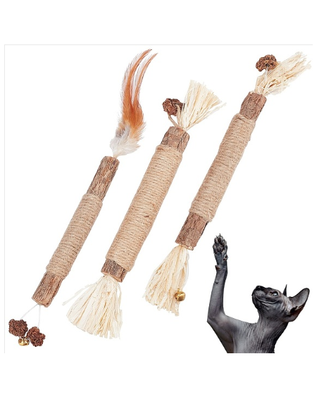 3 Pcs 3 Styles Wood Chew Sticks Cat Teeth Cleaning Chew Toy, with Fearther and Iron Bell