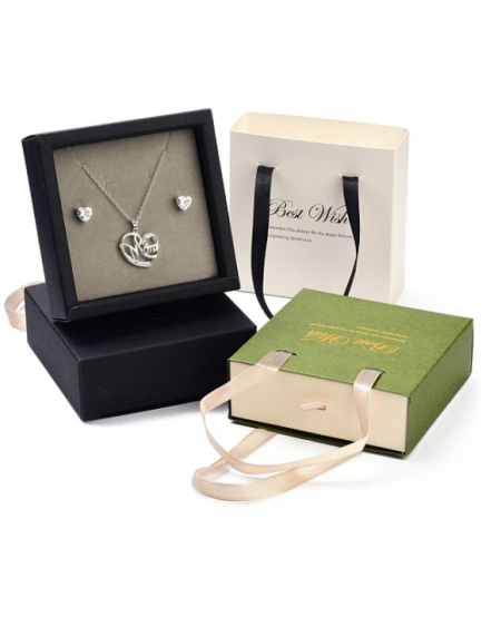 Paper Drawer Jewelry Set Box, with Black Sponge & Polyester Ribbon Handles