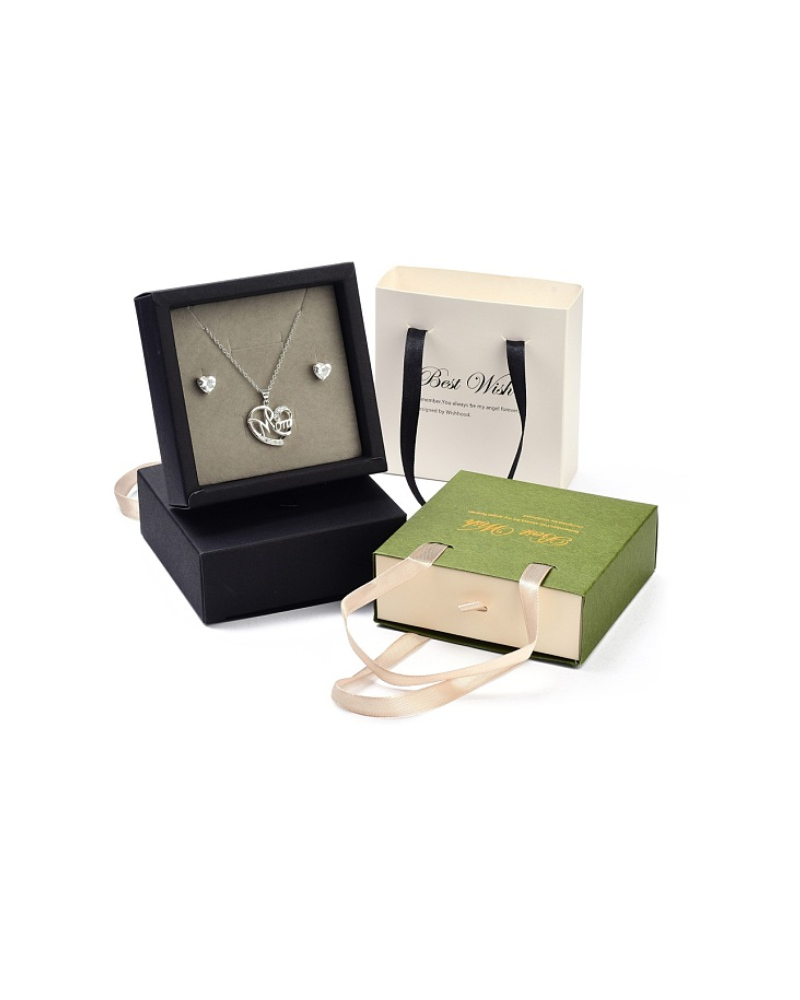 Paper Drawer Jewelry Set Box, with Black Sponge & Polyester Ribbon Handles