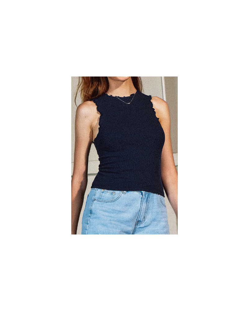 Navy Blue Lettuce-Edge Tank Top