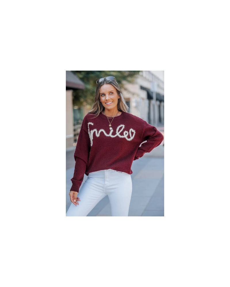 Red Letter Embroidery Round Neck Long Sleeve Sweater