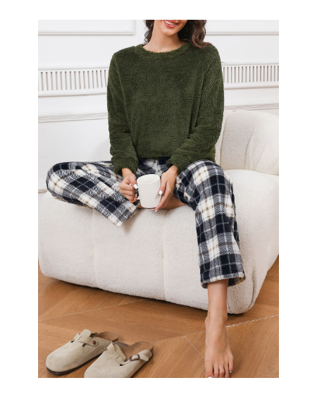 Green Fuzzy Knit Sweater & Plaid Pants Pajama Set