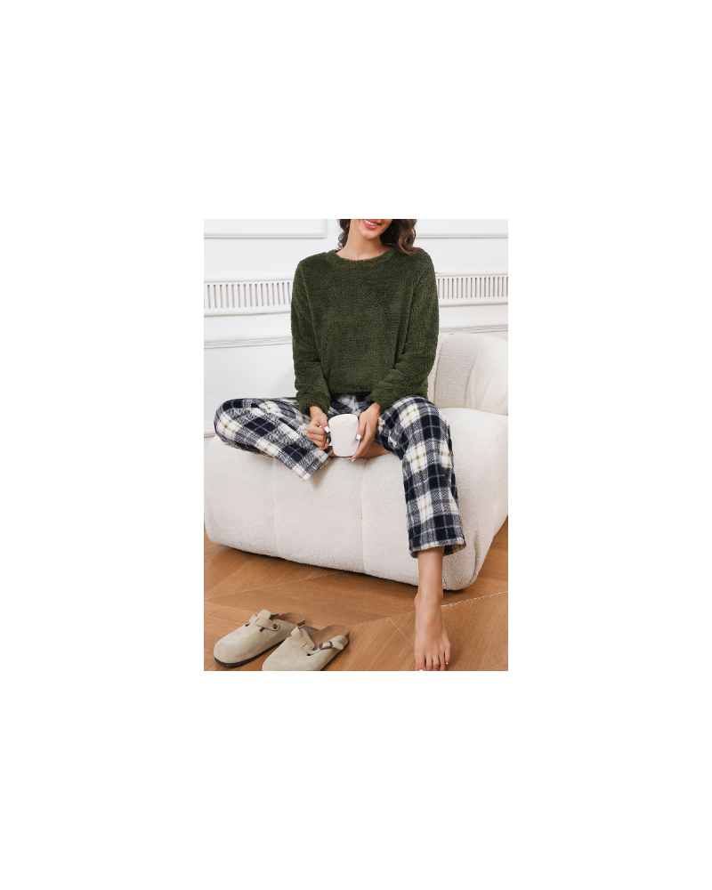 Green Fuzzy Knit Sweater & Plaid Pants Pajama Set