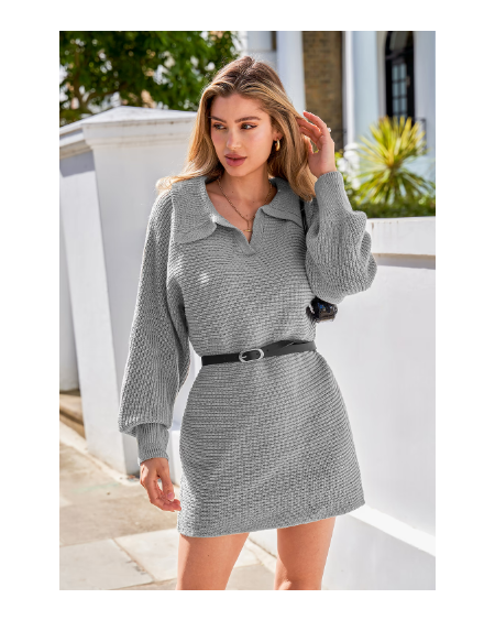 Grey Collared Dolman Sleeve Mini Sweater Dress