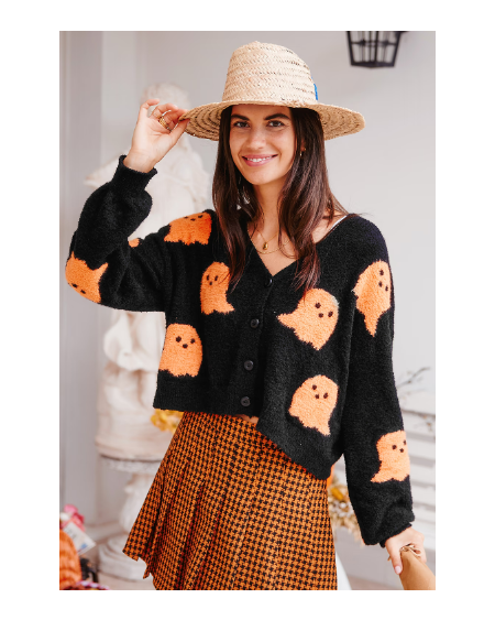 Black & Orange Ghostie Blouson Sleeve Cardigan