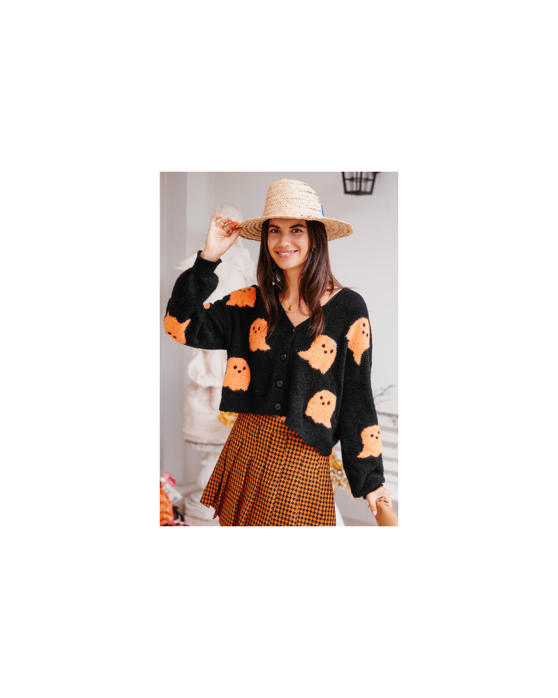 Black & Orange Ghostie Blouson Sleeve Cardigan