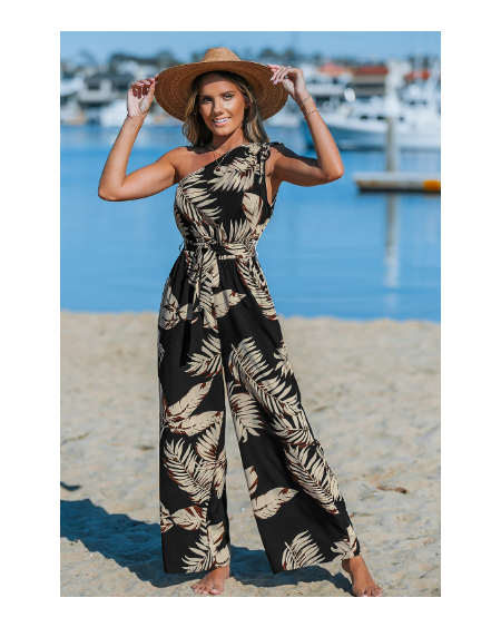 Midnight Tropics One-Shoulder Wide Leg Jumpsuit