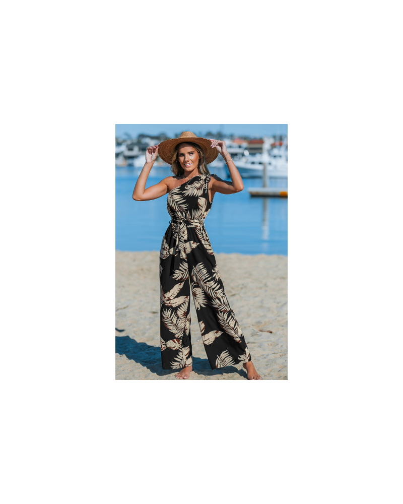 Midnight Tropics One-Shoulder Wide Leg Jumpsuit