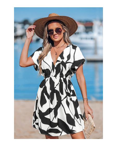 Black & White Abstract Short Sleeve Mini Cover-Up