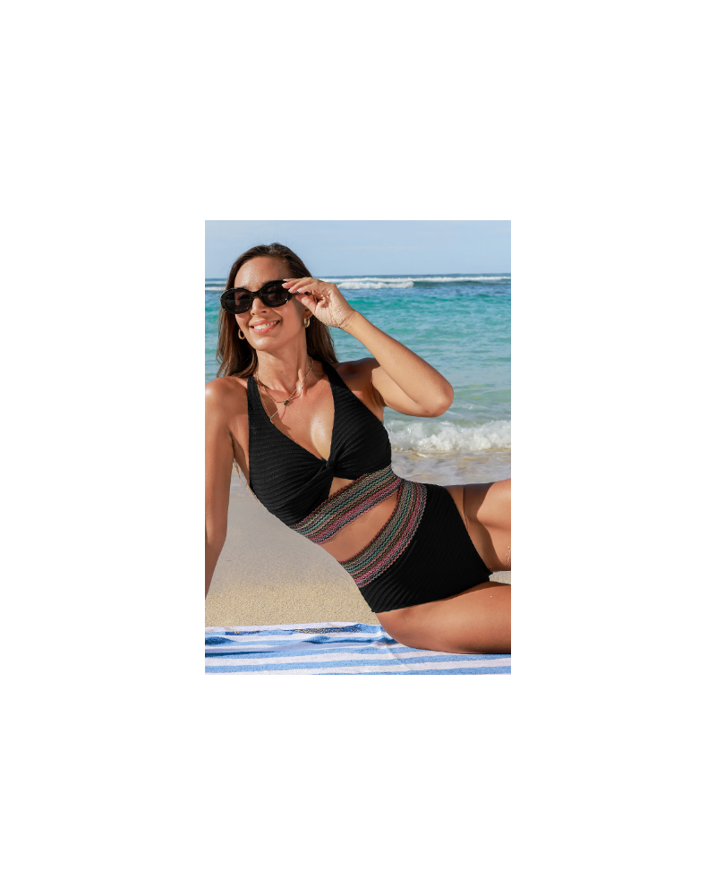 Black Keyhole Bikini Top & High-Waisted Bottoms Set