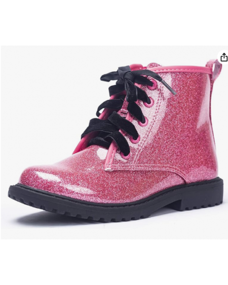 Girls/Boys Glitter Ankle Boots, Lace Up Waterproof Combat Shoes With Side Zipper for Toddler/Little Kid/Big Kid