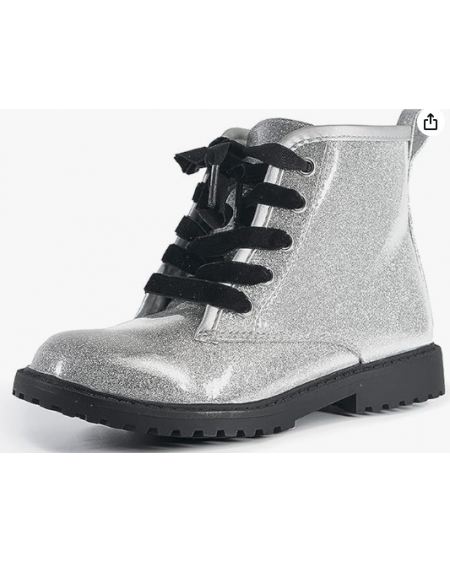 Girls/Boys Glitter Ankle Boots, Lace Up Waterproof Combat Shoes With Side Zipper for Toddler/Little Kid/Big Kid white